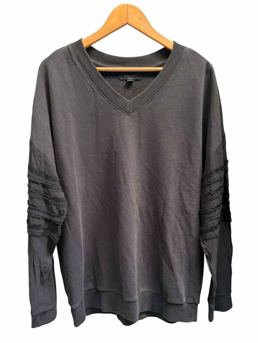 ALL SAINTS Charcoal V-Neck Sweater with Textured Sleeve Detail Size L